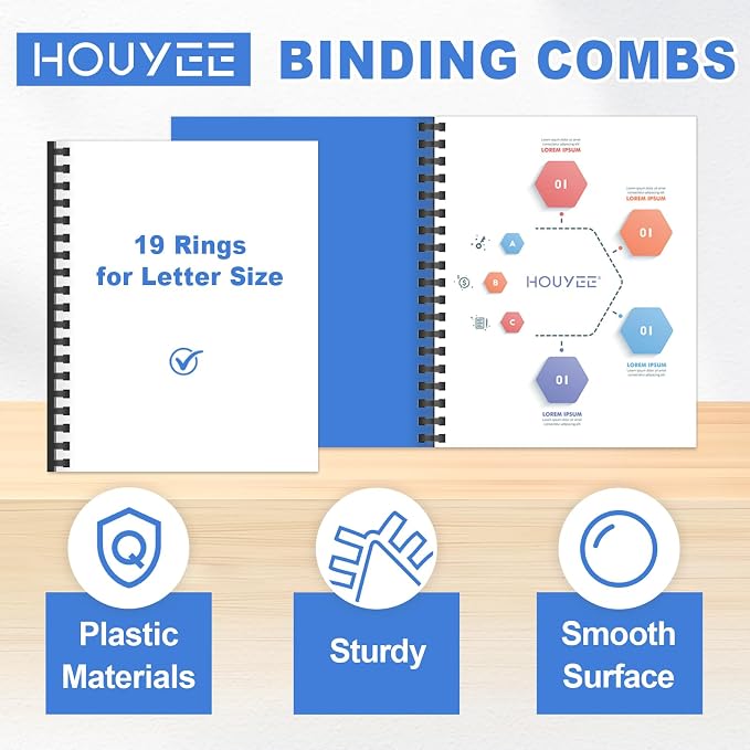 HOUYEE 50 Pack 1 Inch Plastic Binding Combs,19 Rings, 200 Sheets Capacity | 25mm Comb Binding Spines, Extra Large Binder Combs for Letter Size, for Office School Use, Black