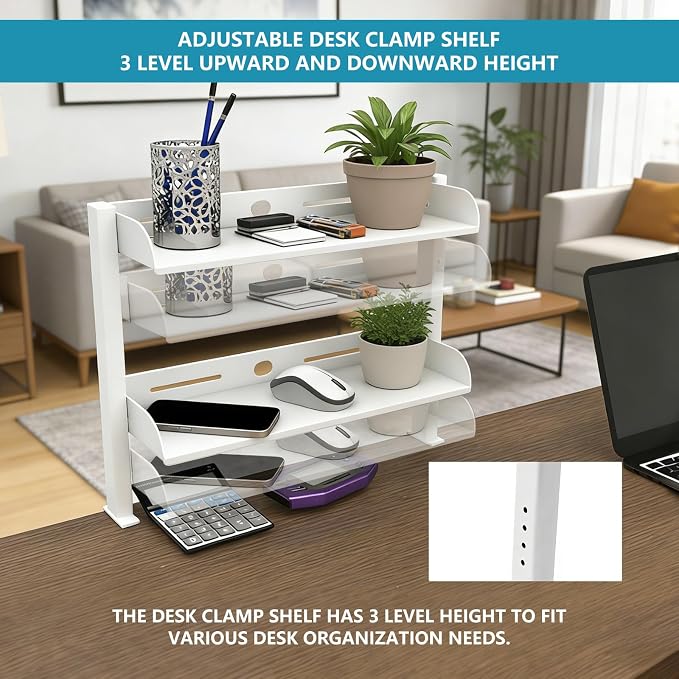 Clamp on Desk Shelf,3 Tier Desktop Organizer,Adjustable Clamp on Desk Top Organizer with Under Desk Hidden Storage Basket&Hooks,No Drilling Desk Clamp Storage Shelves for Working Gaming Accessories