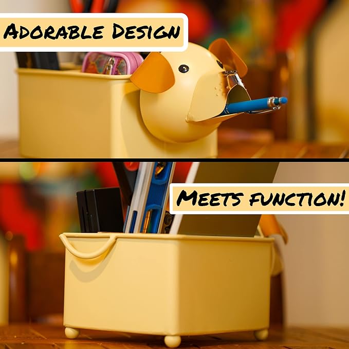 Desk Organizer, 1-5 Module Compartments - Storage for Stationery Supplies, Accessories, brushes - Home, Office, School, Dorm, Studio - Build in Pen & Pencil Holder (Brown Dog)