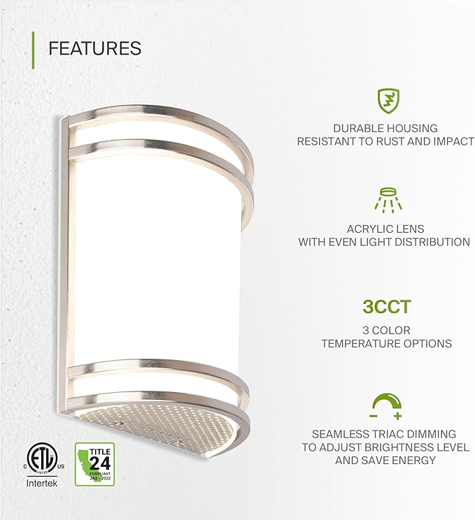 ASD Indoor LED Wall Sconce Lights - 8 Inch 15W Brushed Nickel Modern LED Wall Sconces Hardwired - ETL Dimmable 3000K 4000K 5000K Adjustable Sconce Light Fixture for Bedroom, Hallway