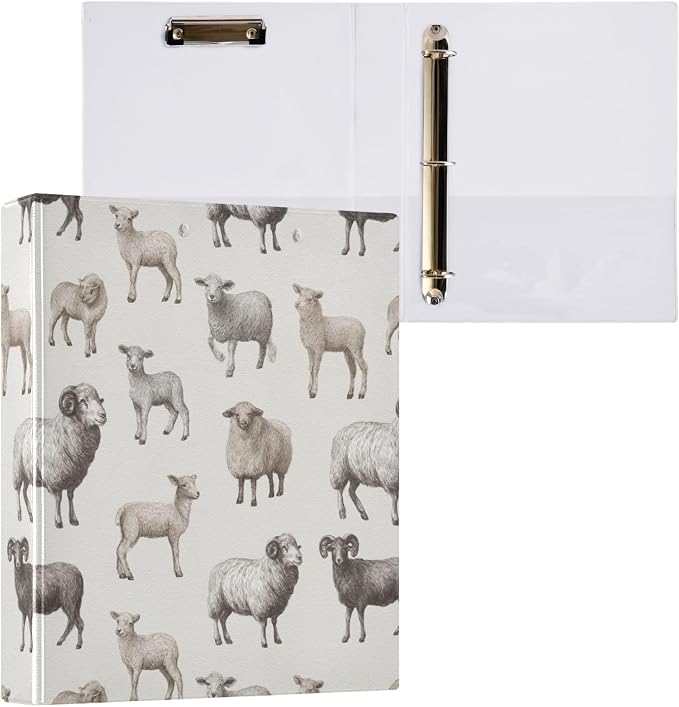 Various Sheep Vintage Sheep Binder 3 Ring 1.5 Inch Binder with Clipboard&Pockets, Hardcover Binders Heavy Duty Large File Folder for Office School Supplies - Holds 200 Sheets