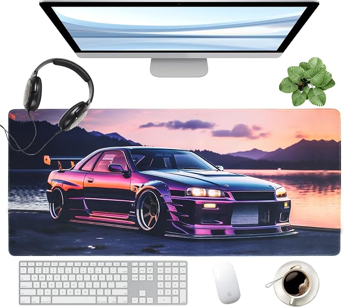 JDM Car R34 Large Mouse Pad, 35.4" x 15.7" Japanese Car Purple Sea Cool Desk Mat Computer Accessories Gaming Office Organizers Supplies Decor Essentials Keyboard Pads for Desk Rubber