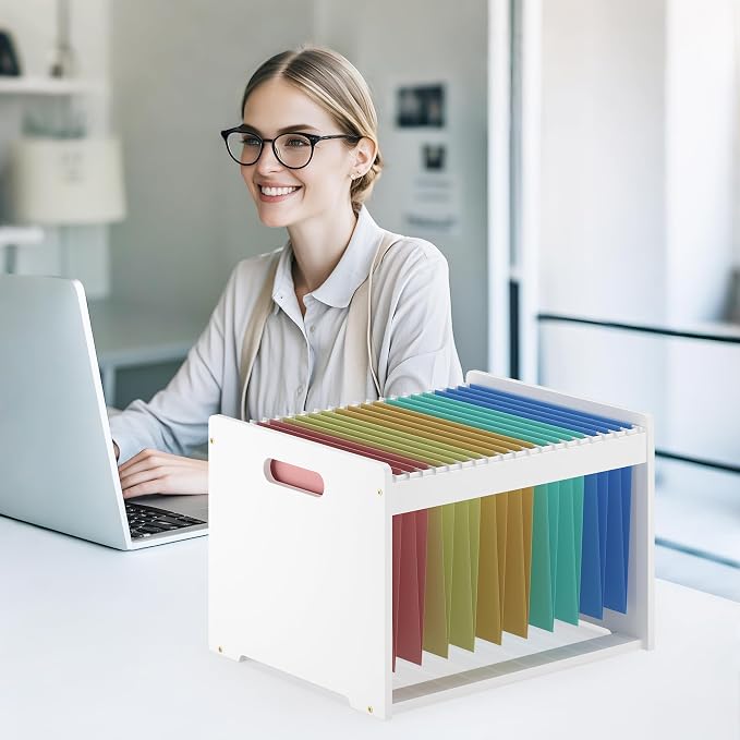 Bamboo Hanging File Box Organizer, Wood File Folder Storge, 2 Pack, White