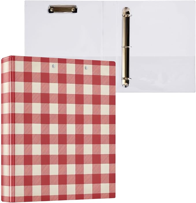 Cherry Red Gingham 3 Ring Binders, Round Rings, Holds 200 Sheets, 1.5 Inch 3 Ring Binders with 3 Interior PVC Clear Pockets and Anti-Slip Metal Clip