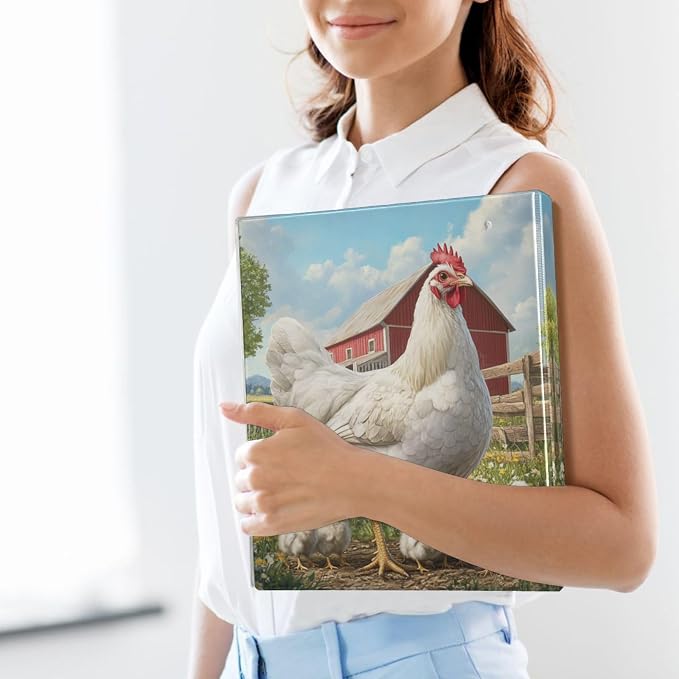 White Hen with Chicken Binder 1.5 Inch Binder with Clipboard&Pockets, Barn Farm Animal Hardcover Binders 3 Ring, Heavy Duty Large File Folder for Office School Supplies-Holds 200 Sheets, 2 PC
