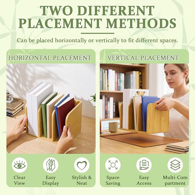 Novabright Bamboo Wooden File Magazine with Handle Holder Desk Organizer, 3 Vertical Compartments Workspace Sorters for Cookbook, Binders, Notebooks, Envelopes, Cook Book Organizer