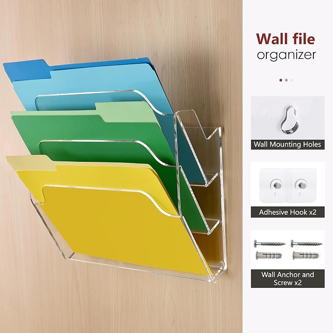 DINGHUO 3 Pockets Acrylic Hanging Wall File Organizer for Office | Wall Mounted Magazine File Holder for Mail Paper Document Organization, No Assembly Required, Hooks Screws Included - 1 Pack