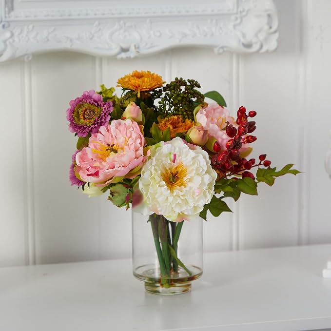 Nearly Natural 10 in Artificial Peony Arrangement in Glass Vase | Mixed Peony Faux Flower Blooms, Liquid Illusion Water in Glass Vase, Mini Table and Shelf Decor