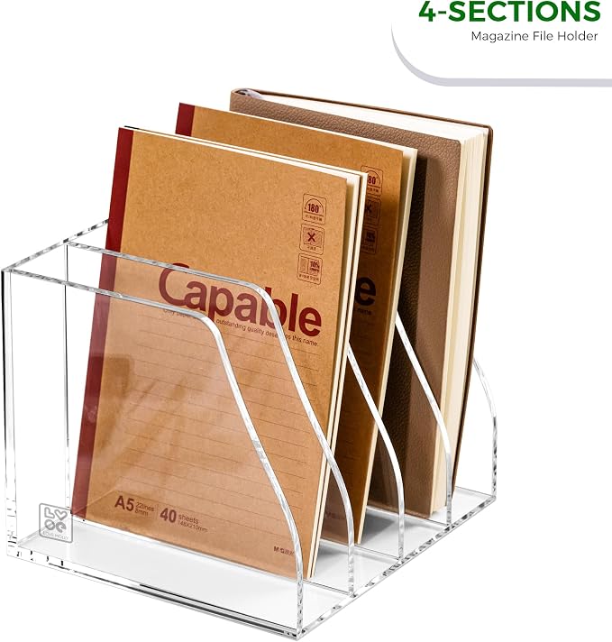 Lovemolly Acrylic Magazine File Holder – 4-Slot Clear Desk Organizer, Vertical Document Sorter for Office, Home & Classroom, No-Assembly Tabletop Rack for Folders, Books & Tablets, 7.09x8.07x6.3 in