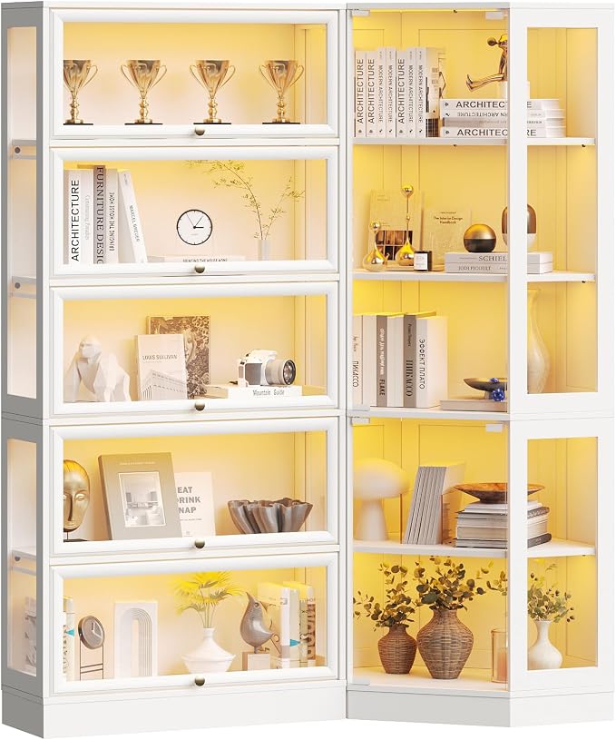 Corner Display Cabinet with Glass Doors, 5-Tier Curio Cabinets with RGB Lights, 71" Display Case with Wood Shelves for Collectibles, White