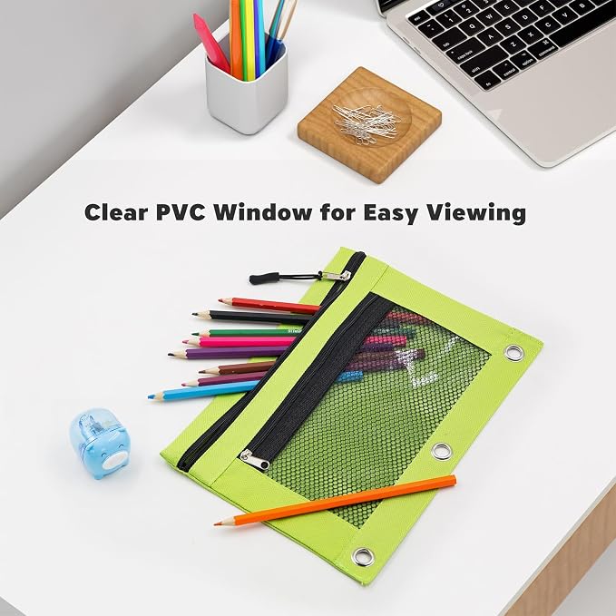 3 Ring Pencil Pouch, Binder Pencil Pouch with Zipper and Mesh Window,8pack 8colors