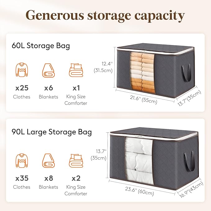 Lifewit 30 Pack Clothes Storage Bins with Lids, Foldable Blanket Storage Bags with Zippers, Clear Window and Reinforced Handles, Closet and Organization for Clothing, Sweater, Comforter, Bedding, Gray