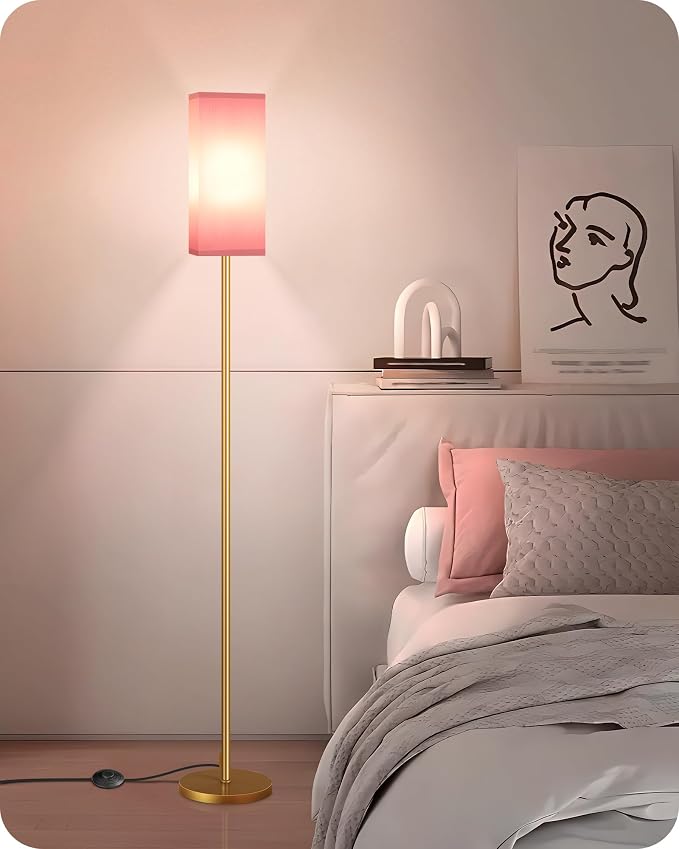 Floor Lamp, Pole with Foot Switch, Modern Standing Lamp Lampshade, Minimalist Freestanding Lamp (Bulb Not Included), for Living Room, Bedroom Office ETL Listed, Gold and Pink DP07LD05