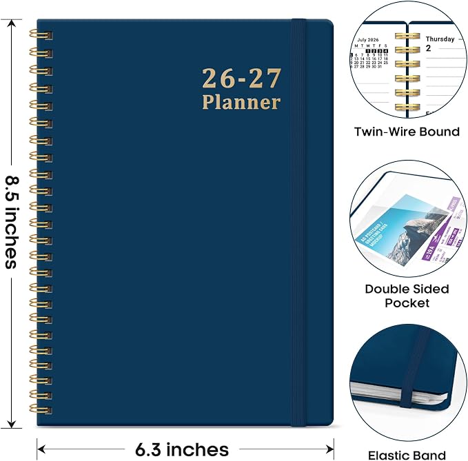 Taja Planner 2026-2027, 6.3" x 8.5" Calendar Planner, Jul 2026-Jun 2027 | A5 Hardcover Weekly & Monthly Academic Year Planner, Large Planning Agenda With Tabs, School & Office Supplies, Navy Blue