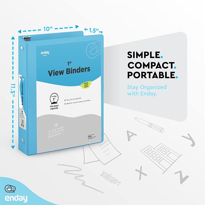 Enday 1 Inch Binder (6 Pack - Blue) 3 Ring Binder 1 inch with Clear View Cover and 2 Inside Pocket - for Letter Size 8.5 x 11'' Paper, Ideal for School Supplies, Office, and Home