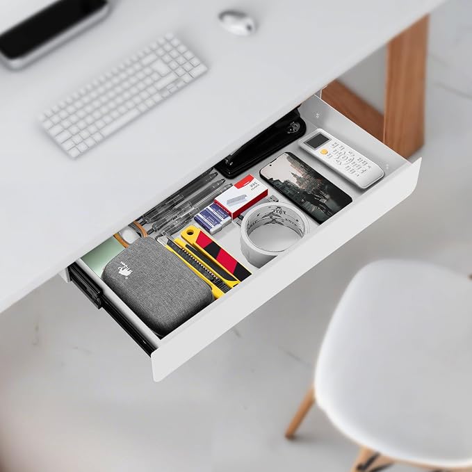 KHAMAL Under Desk Drawer Slide Out Large - Under Table Drawer 17.32" x 9.25", Pull-Out Storage Organizer With Cable Management For Home & Office (White)
