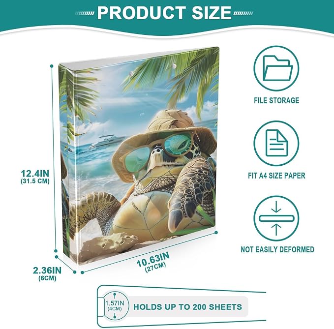 Custom 3 Ring Binder Turtle Summer Beach 1.5" Round Ring Binders Personalized Name View Binder with 200 Sheet for Women Men Office Kids School Supplies, 1 Pack