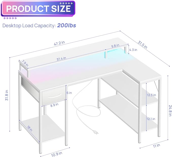 Alpen Gaming Desk, 47 Inch L Shaped Desk with LED Lights, Charging Ports, Corner Desk Reversible Gaming Computer Desk with Shelves Drawer Monitor Stand for Home Office,White