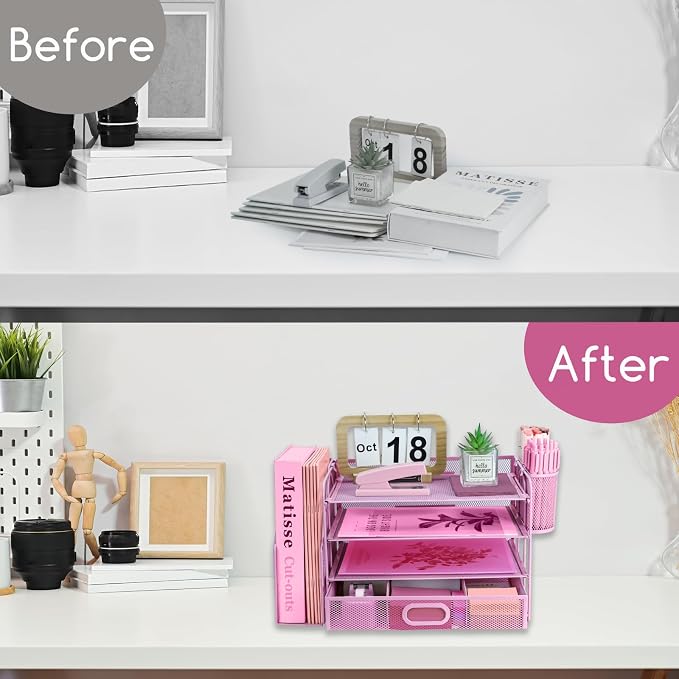 Desk Organizers and Accessories with File Holder, 4-Tier Paper Letter Tray Organiser with Drawer and 2 Pen Holder, Mesh Desktop Document Organizer for Office Supplies, Workspace - Pink