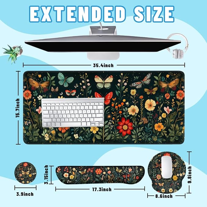 Butterfly Mouse Pad Set Colorful Floral Garden Fantasy Gaming Mousepad 4in1 Desk Mat for Desktop Anti-Slip XXL Big Computer Ergonomic Mousepad with Wrist Support for Keyboard and Mouse