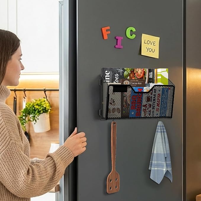 6 Pack Magnetic File Holder with Hooks and Labels, Black | Metal mesh magnetic folders attaches without drilling, keeping A4 and letter files accessible on cabinets or whiteboards