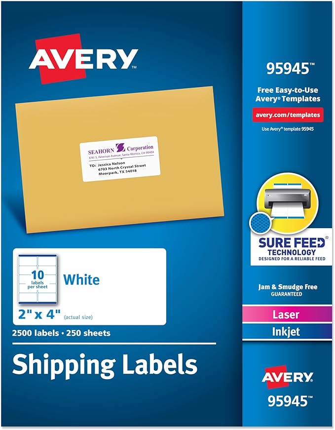Avery® Printable Shipping Labels, Sure Feed® Technology, 2" x 4" Customizable Stickers, White, 2,500 Blank Mailing Labels, Great for Mailing, Shipping, and More (95945)
