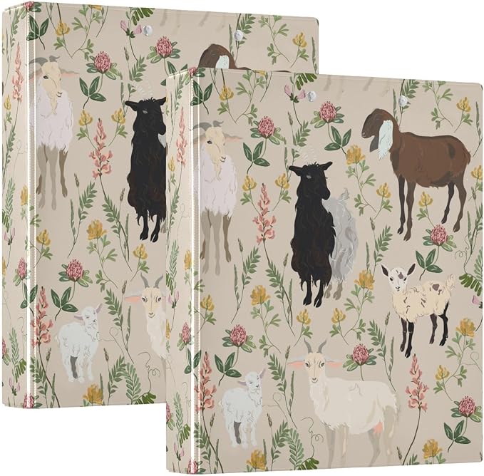 Goat and Flowers Light Beige 1.5 Inch Binders 3 Ring for Letter Size Holds 200 Sheets Notebook Binder with Clipboard for Women or Men