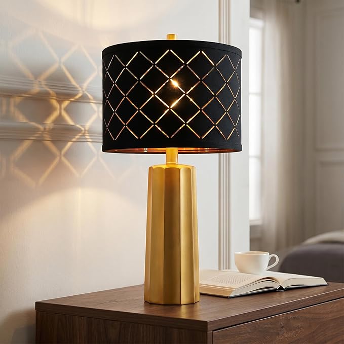 24" Modern Table Lamp for Living Room Bedroom Black Grid Shade | Gold Nightstand Resin Lamps Contemporary Desk Lamps for Bedside End Tables, 2 Bulbs Included (Gold)
