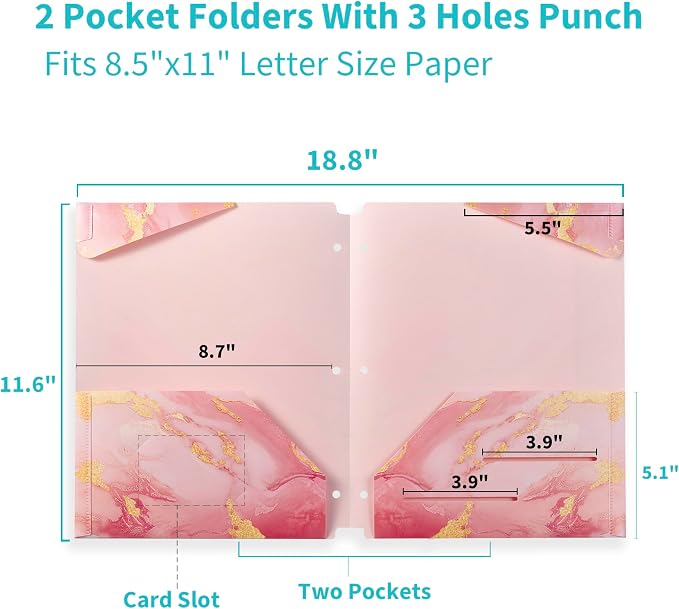 Binditek 6 Pack Plastic Folders with 2 Pockets, 3-Hole, Marble Colors | Letter Size, 2-Pocket File Folders with Card Slots, Waterproof, Fits 3 Ring Binders, School and Office Supplies