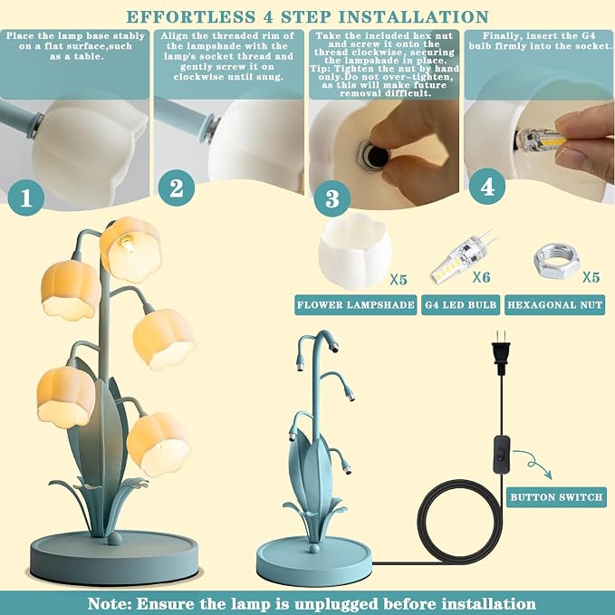 WERFOP Flower Table Lamp, Lily of The Valley Lamp for Bedside Accent 3 Color Modes Cottagecore Soft Reading Night Light for Bedroom, Corner, Dorm, Entrance Home Vintage Decor (Powder Blue)