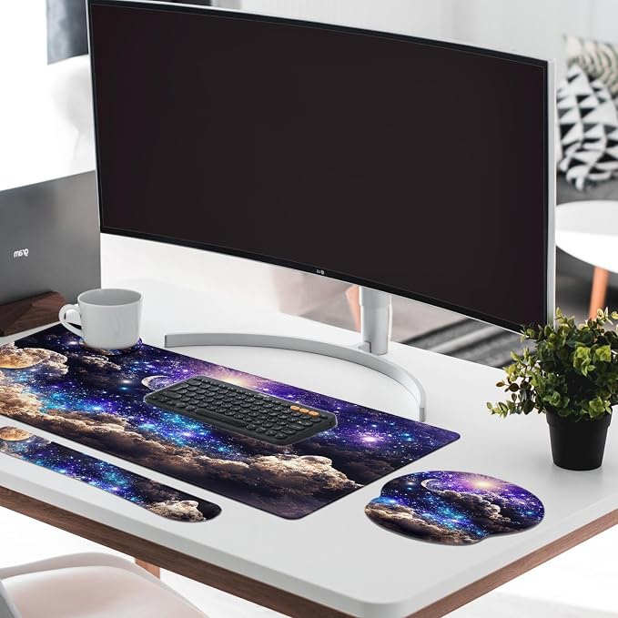 Keyboard Mouse Pad Set, 4 in 1 Desk Mat Set, Space Moon | Night Cloud Blue Large Mousepad+Keyboard Wrist Rest+Mouse Wrist Rest+Coaster Ergonomic Design for Home Office Computer