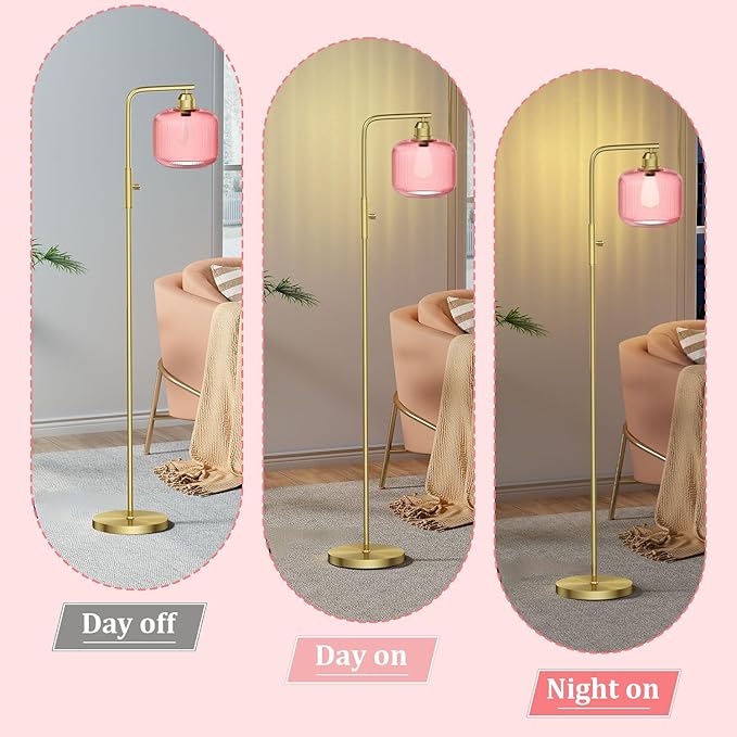 66" Dimmable Gold Standing Lamp with Pink Ribbed Glass for Living Room | Vintage Floor Lamp with Brushed Gold, Stepless Rotary Switch and 3000K LED Bulb, Arc Floor Lamp for Bedroom & Study Room
