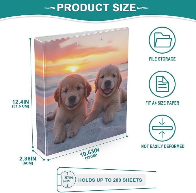 3 Ring Binder Golden Retriever Puppy Dogs 1.5" Round Ring Binders View Binder with 200 Sheet for Kids School Supplies Women Men Office, 1 Pack