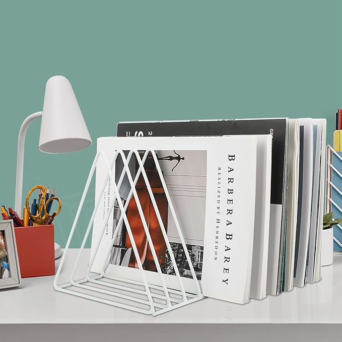 Vinyl Record Holder Storage, 9 Slot Metal Magazine Book Album Display Rack, Stylish Triangle Desktop File Sorter Organizer for Home Office, White