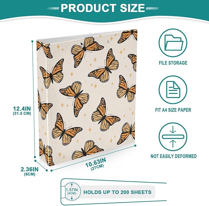 Brown Monarch Butterflies 1.5 Inch Binders 3 Ring for Letter Size Holds 200 Sheets Notebook Binder with Clipboard for Women or Men
