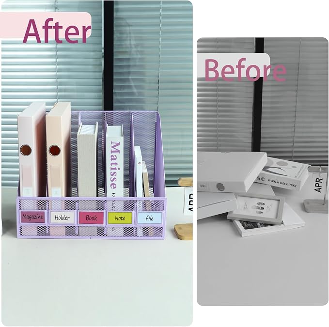 Desk Organizers, Metal Magazine File Holder with 5 Vertical Compartments Rack Binder File Organizer for Office Supplies, Home Workspace - Purple