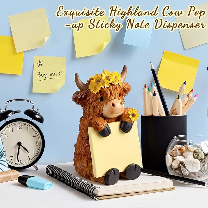 Thenshop Back to School Sunflower Highland Cow Pop up Sticky Note Dispenser | Fall Resin Highland Cow with 100 Sheets, Sticky Note Holder, 3 x 3 Inch, Highland Cow Desk Accessories, Classroom School Gift