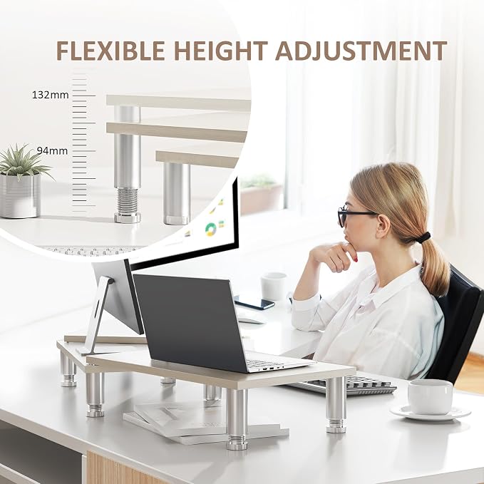 Dual Monitor Riser - Adjustable Length & Angle, Wooden Stand for 2 Monitors with Storage