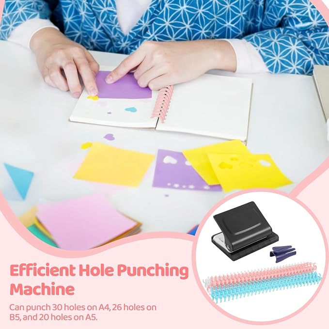 10-Hole Binding Machine Spiral Coil Binder, Spiral Binding Machine with 16 Multi-Color Binder Rings, 30 Holes on A4, 20 Holes on A5, 26 Holes on B5, 10 Sheets Capacity