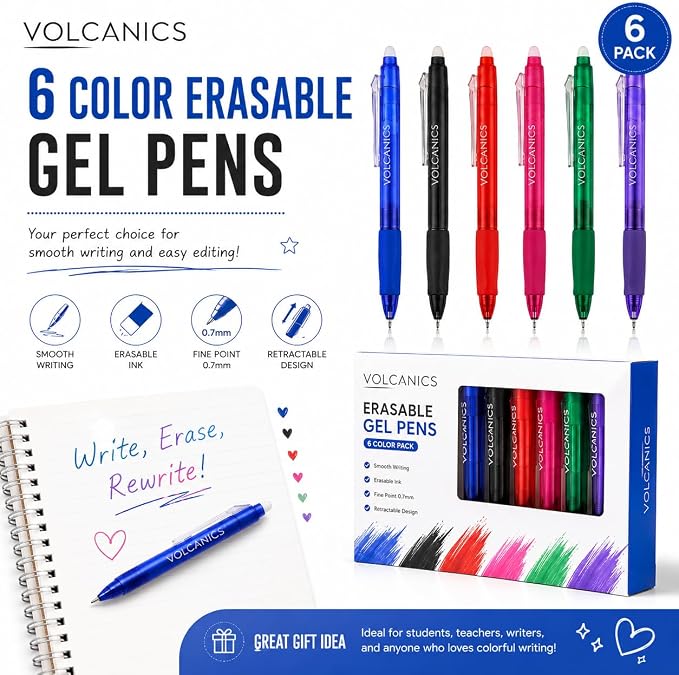 Volcanics Retractable Erasable Gel Pens, 24 Pack, 6 Colors, 0.7mm