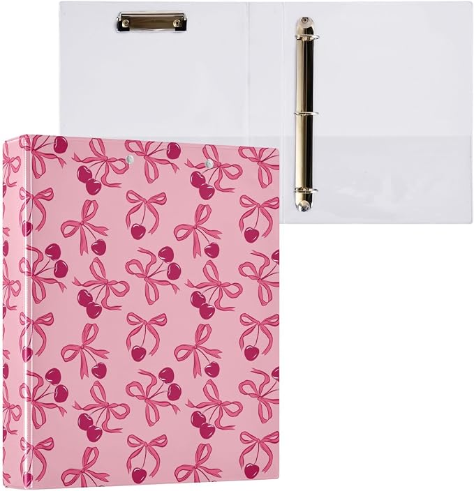 3 Ring Binder Cherry Bow 1.5 Inch Binders Letter Size Cute Decorative Hardcover with 3 Interior Pockets Y2K Preppy Pink Binder Organizer for Home School Office Supplies