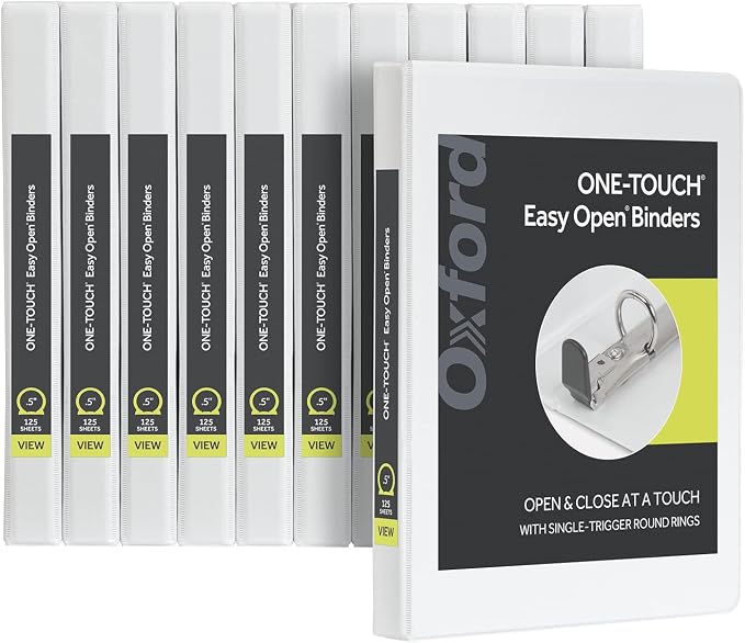 Oxford Round Ring Binders, Binders for School and Office, 0.5 Inch ONE-Touch Binders, View Binder Covers on 3 Sides, Xtralife Hinge, Non-Stick, PVC-Free, White, 12 PK (90793)