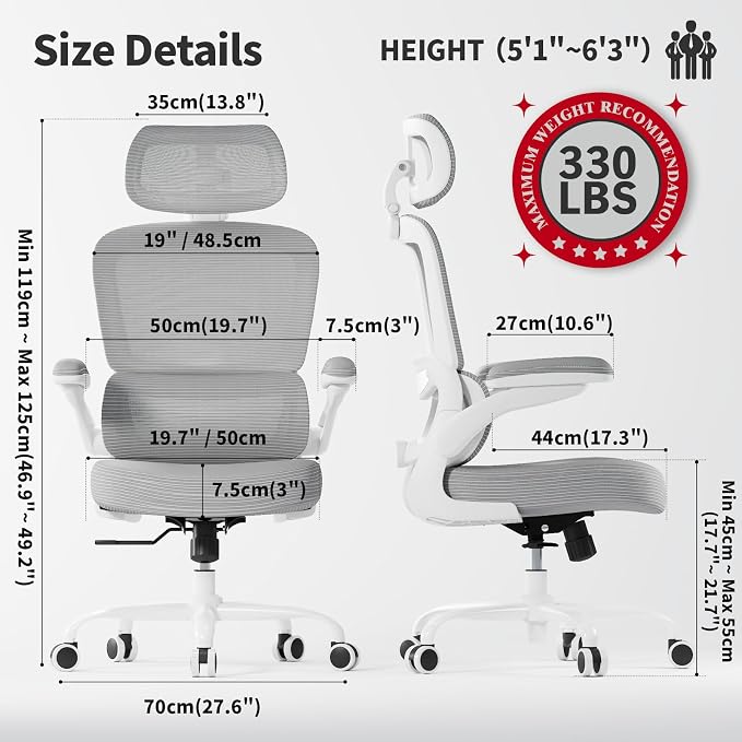 TRALT Office Chair Ergonomic Desk Chair - Gaming Chair with Lumbar Support | 330 LBS Home Office Desk Chairs with Headrest, Reading Chair with Flip-up Armrests, Comfortable Computer Chairs (1, Grey PU)