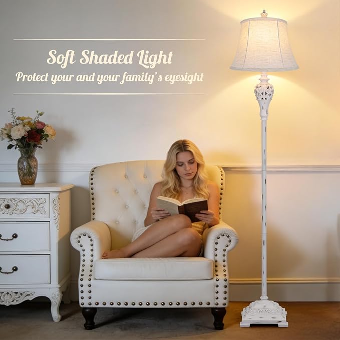 Vintage Floor Lamp for Living Room, Traditional Tall Standing Lamp | Eye-caring White Fabric Shade, Stable Antique Base, Farmhouse Rustic Design, Bright Floor Lighting