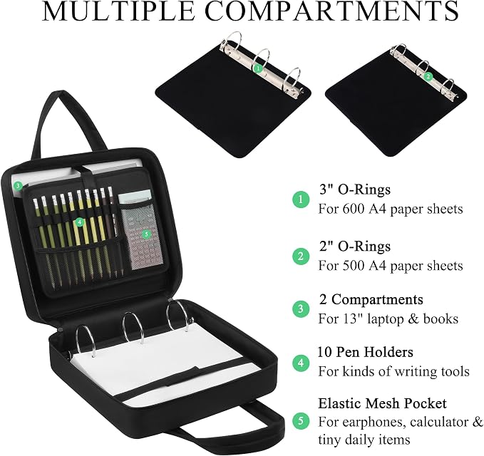 Upgraded Zipper Binder | 3-Inch & 2-Inch O-Rings, 600 Sheet Capacity Trapper Keeper with 13 Inch Laptop Sleeve & Water Bottle Holder, Binder Bag with Multi-Pockets & Shoulder Strap (Black)