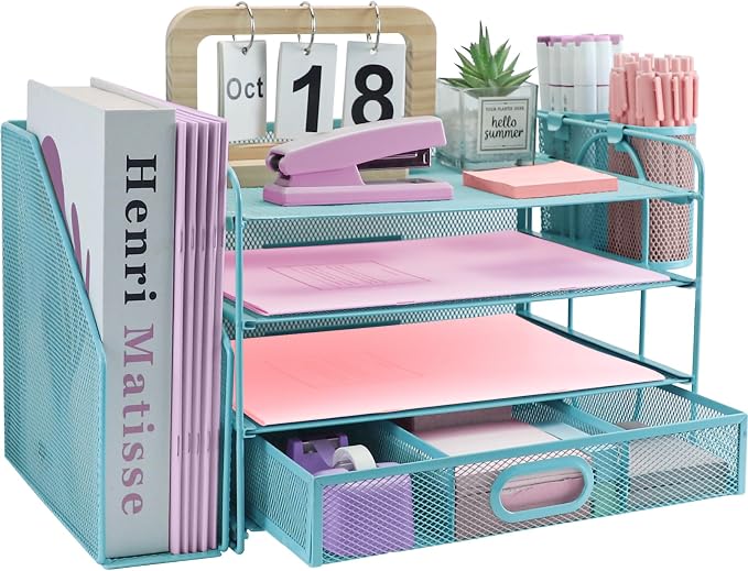 Desk Organizers and Accessories with File Holder, 4-Tier Paper Letter Tray Organiser with Drawer and 2 Pen Holder, Mesh Desktop Document Organizer for Office Supplies, Workspace - Blue