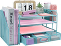 Desk Organizers and Accessories with File Holder, 4-Tier Paper Letter Tray Organiser with Drawer and 2 Pen Holder, Mesh Desktop Document Organizer for Office Supplies, Workspace - Blue