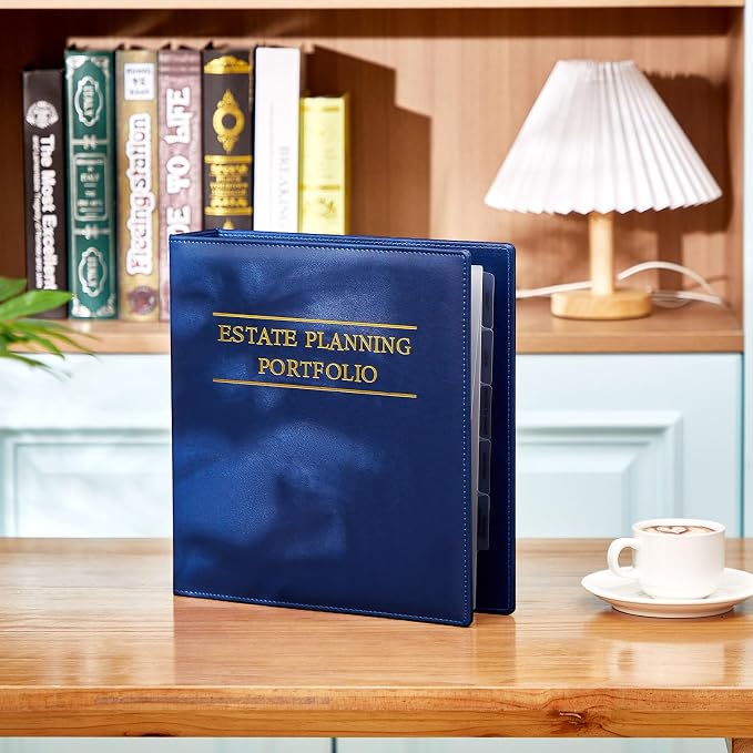 Dunzoom 10 Pcs Estate Planning Portfolio Binder PU Leather 3 Ring Binders with Gold Title and Index Tab Dividers, 11'' x 11.8'' x 2.4'' Estate Planning Organizer (Blue)