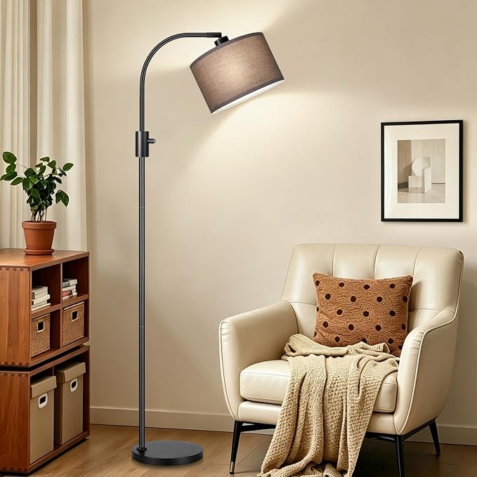 Nintiue Dimmable Black Floor Lamp, 1200 Lumens LED Edison Bulb Included, Arc Gold Floor Lamps for Living Room Modern Standing Lamp with Khaki Shade