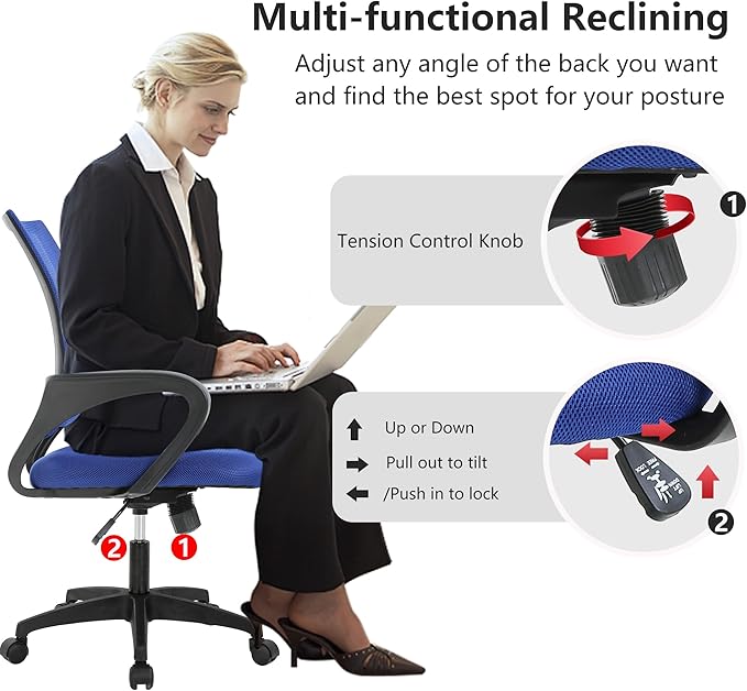 BestOffice Ergonomic Office Chair | Mid-Back Swivel Desk Chair | Dark Blue | with Lumbar Support, Adjustable Height & Breathable Backrest | Sponge Seat & Rolling Wheels | for Home, Office | Pack of 1